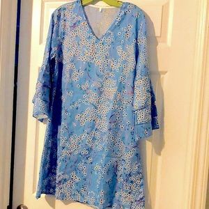 Medium blue dress with white flowers through it